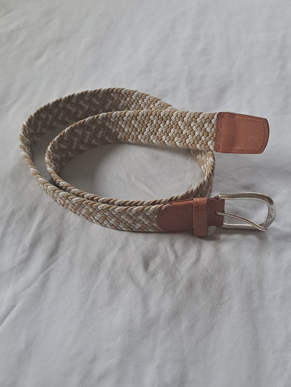 Stretchy Braided Adjustable Belt W/ Leather Trim And Solid Brass Buckle Size 34